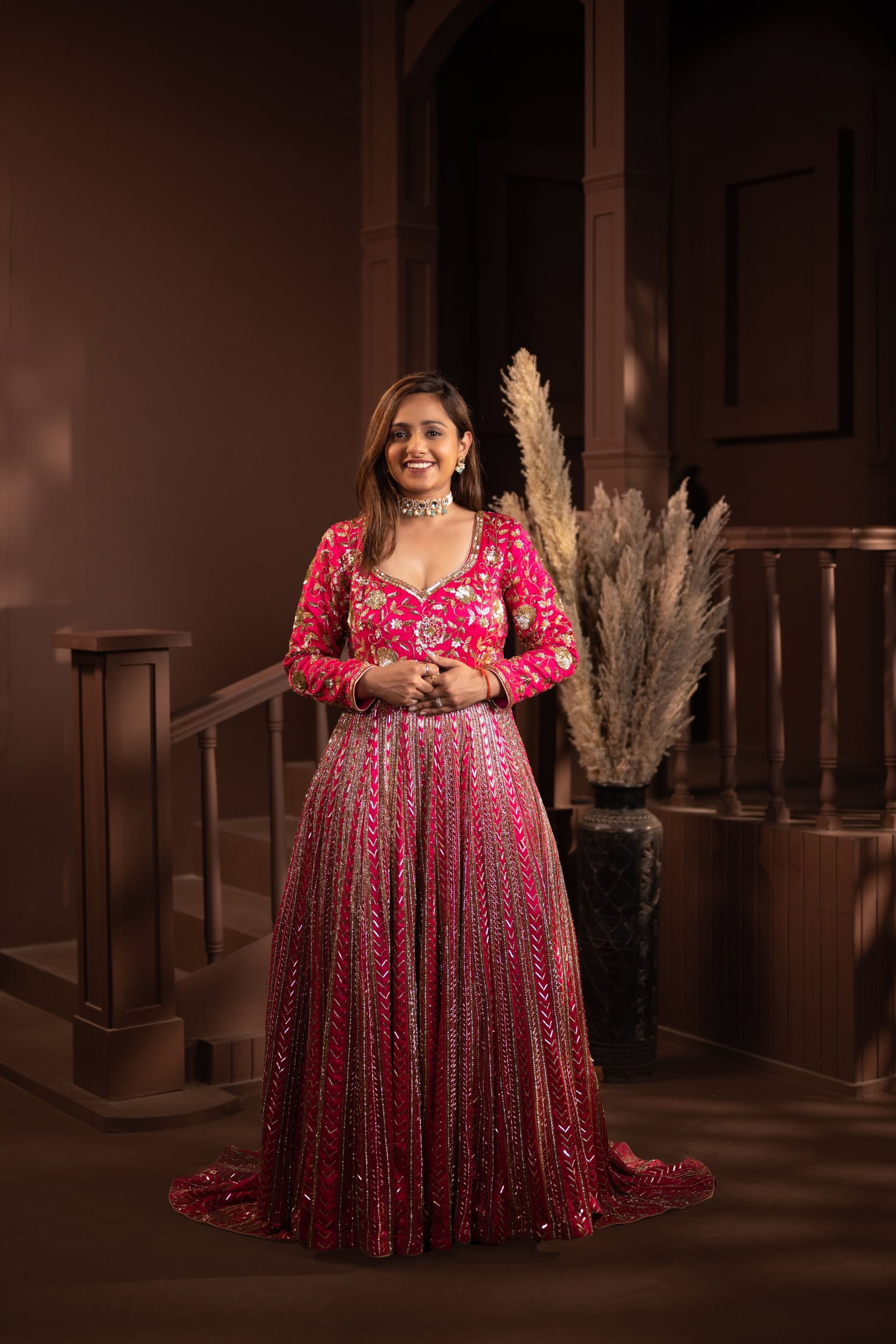Ethereal Blossom: Hand-Embroidered Pink Silk Gown – Foxy Indian