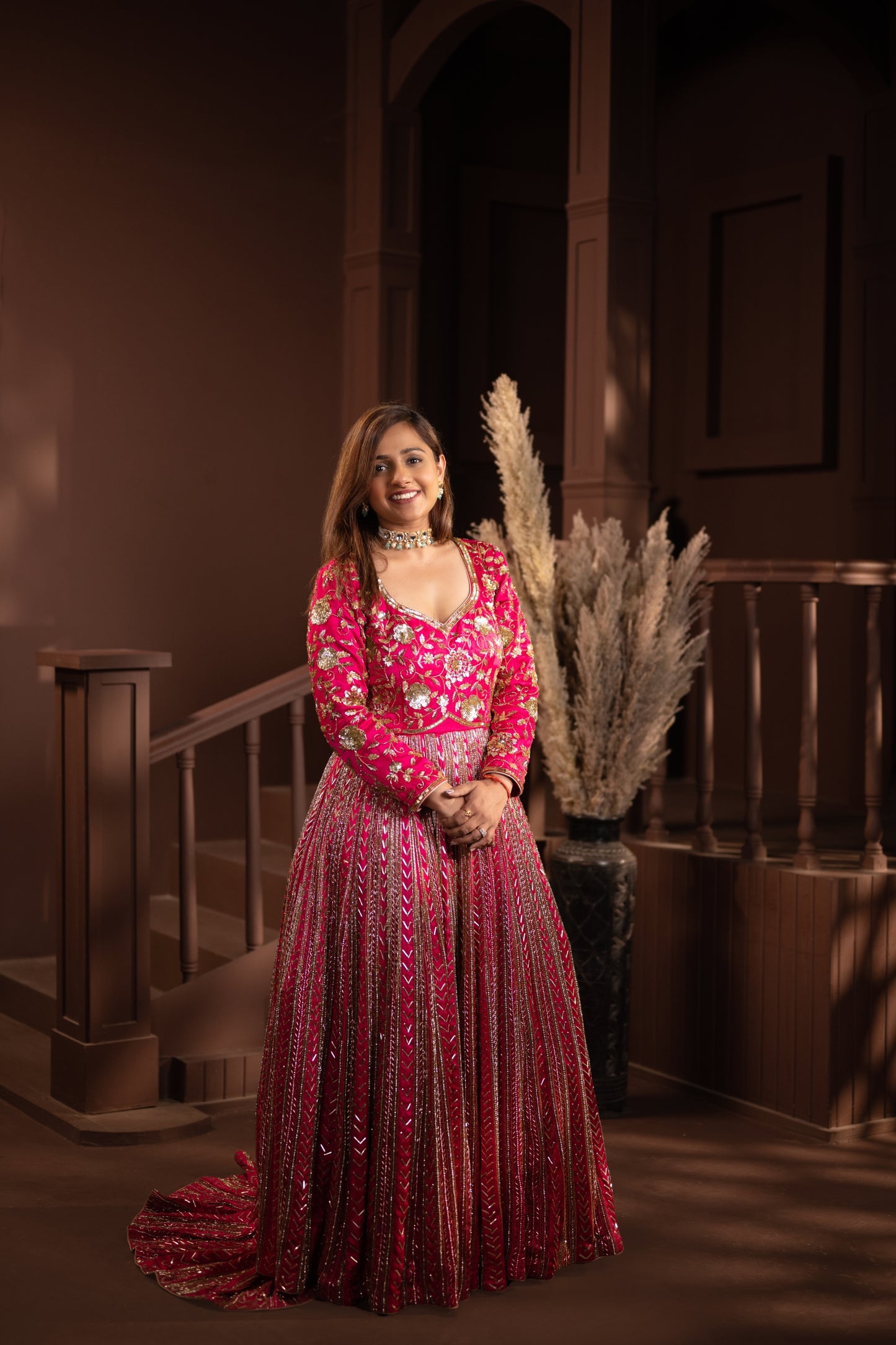Ethereal Blossom: Hand-Embroidered Pink Silk Gown