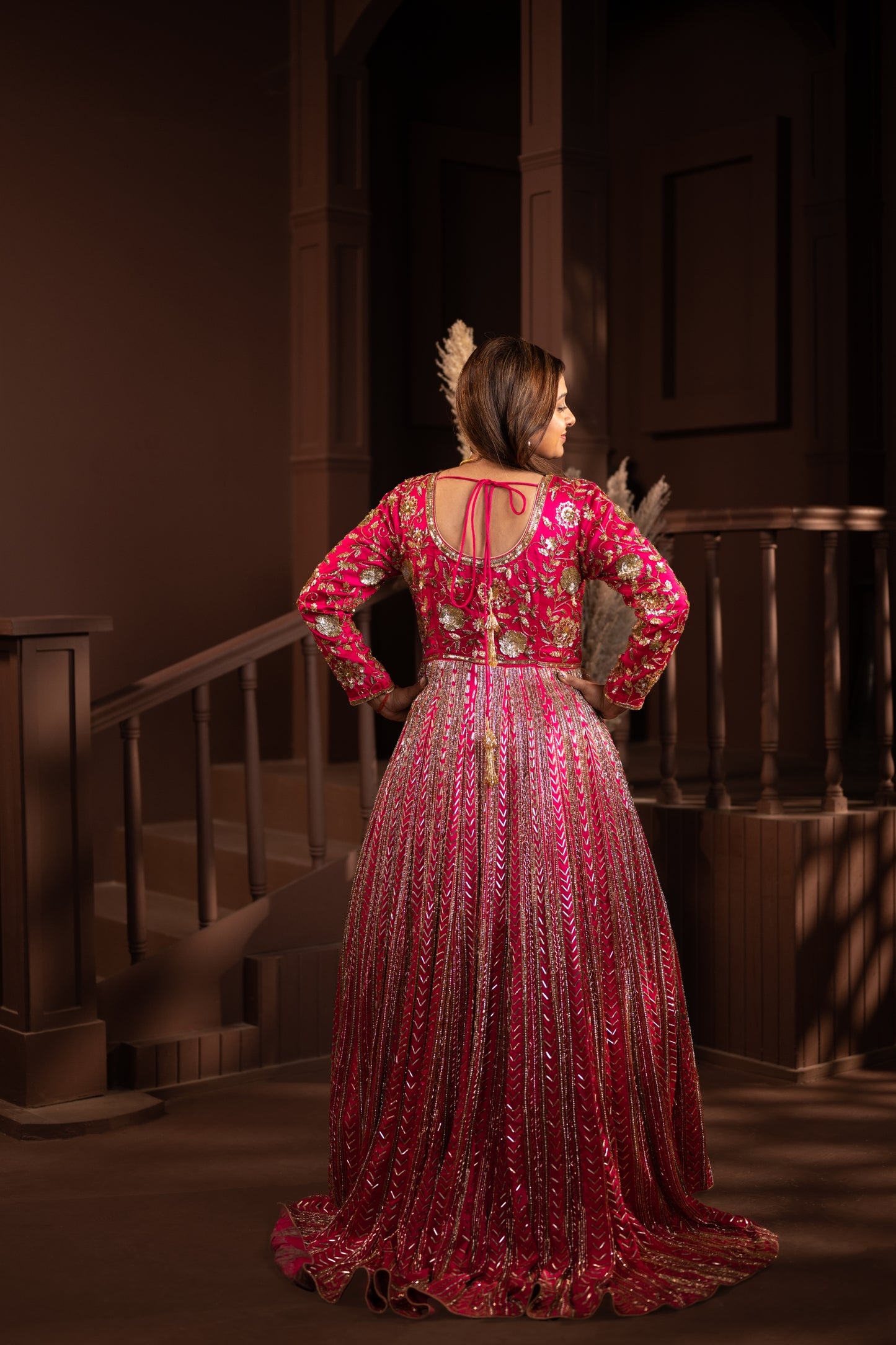 Ethereal Blossom: Hand-Embroidered Pink Silk Gown