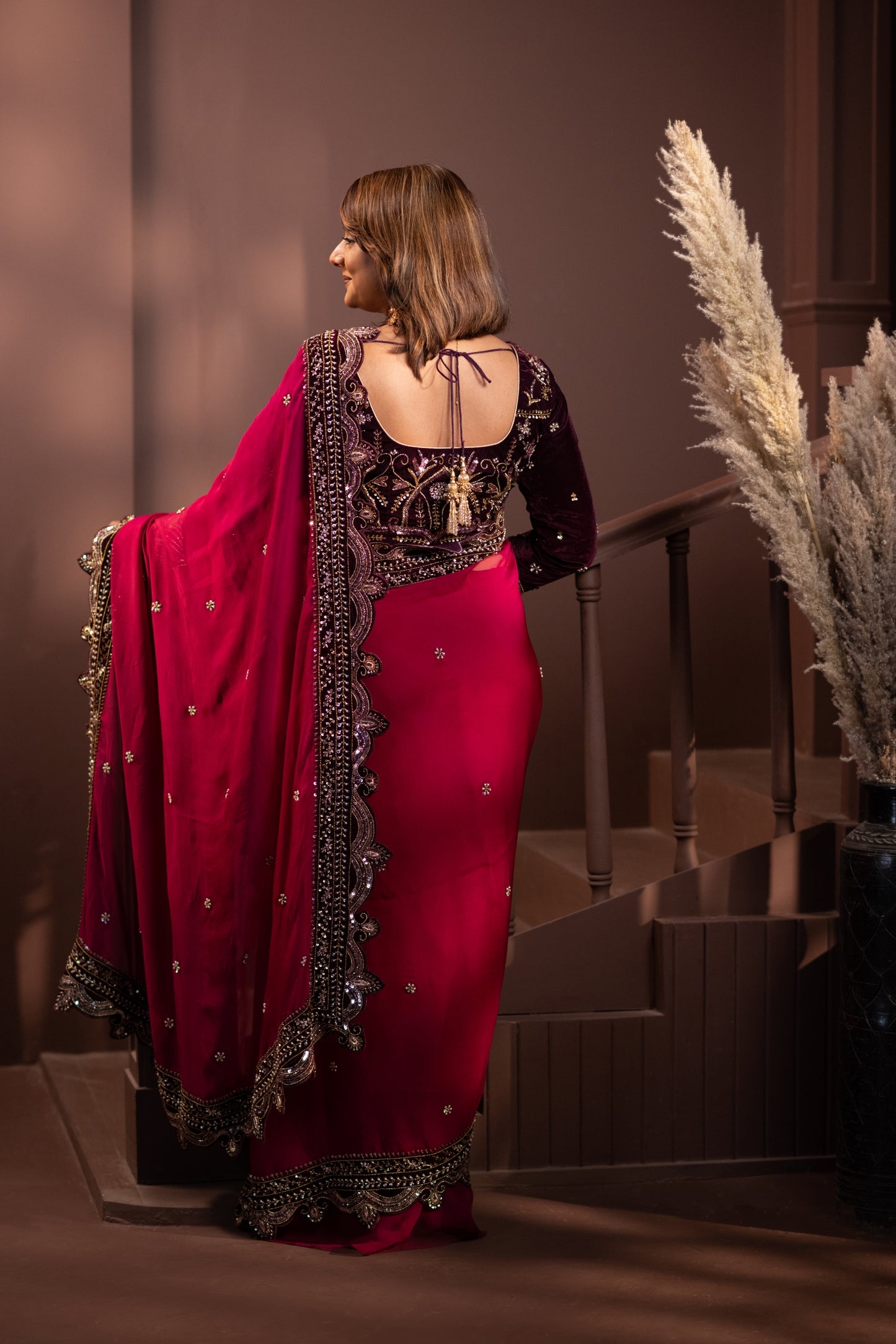 Luxurious Wine Saree with Intricate Embroidery