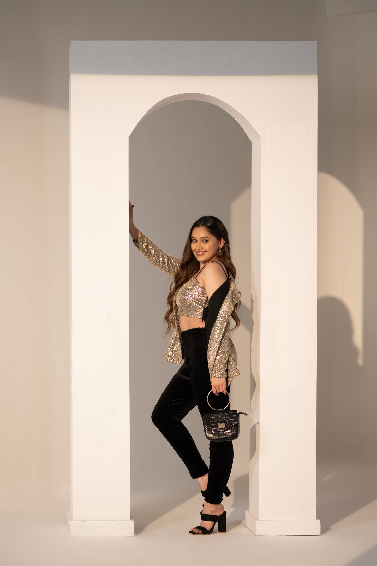 Golden Glam Outfit with Jacket