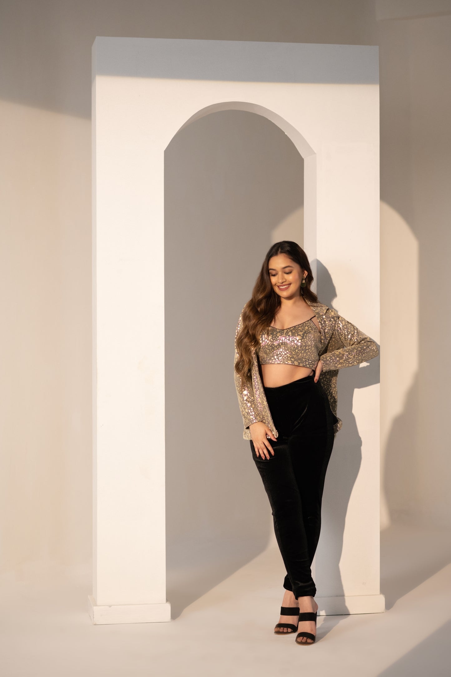 Golden Glam Outfit with Jacket