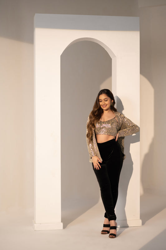 Golden Glam Outfit with Jacket