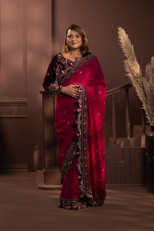 Luxurious Wine Saree with Intricate Embroidery