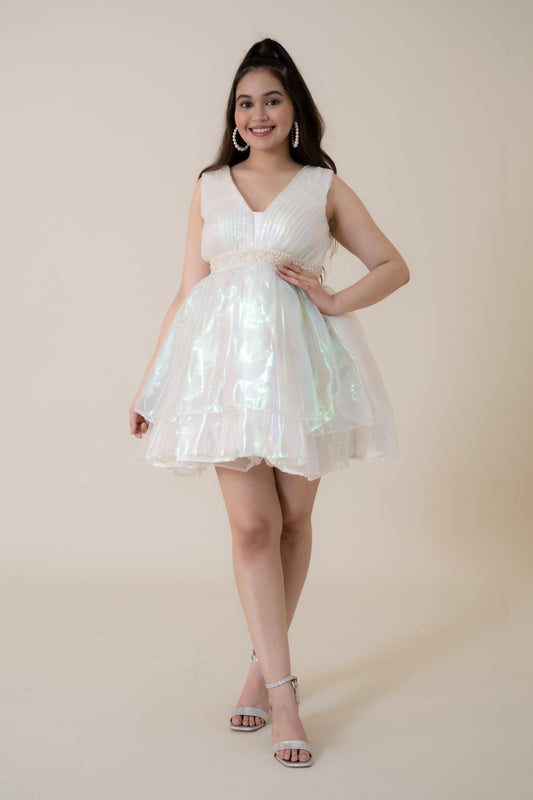 This is one of the few holographic outfits which make you stand out from the boring crowd. This is a perfect party dress for women and girls who just want to look dashing and different.   Lightweight, gauzy organza fabric shapes this sexy-meets-chic dress that has a plunging V-neckline with shirred bust and embellished waistband which is a perfect women birthday dress .