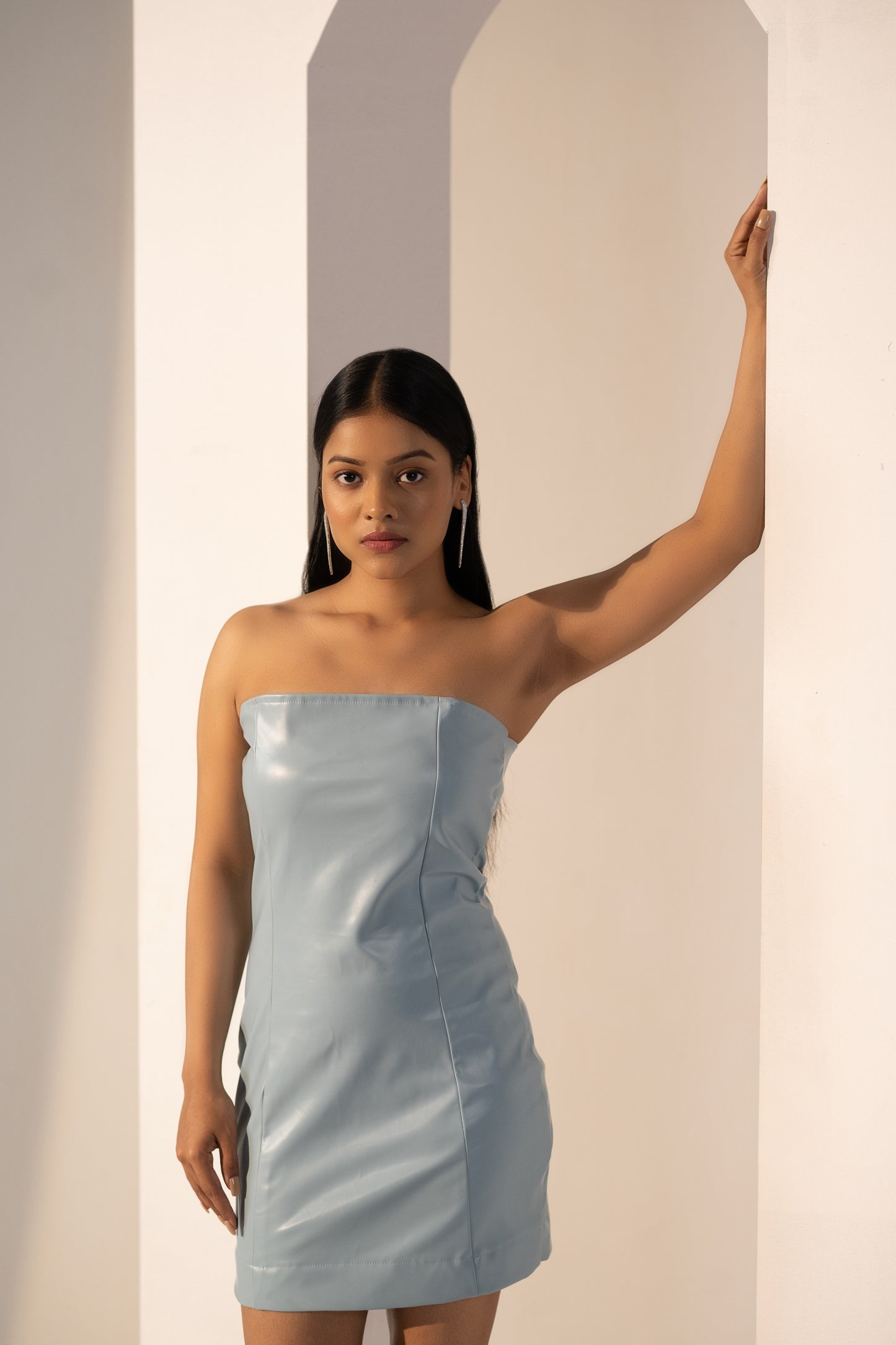 Step out in style with our stunning Sky Blue Suede Sleeveless Short Dress, a versatile and fashionable addition to any woman's wardrobe. The dress features a flattering sleeveless design that showcases your arms and shoulders, and is made from high-quality  blue leather suede that adds a touch of luxury to your look.As part of our women's fashion collection, this dress is a must-have for any fashion-conscious woman.